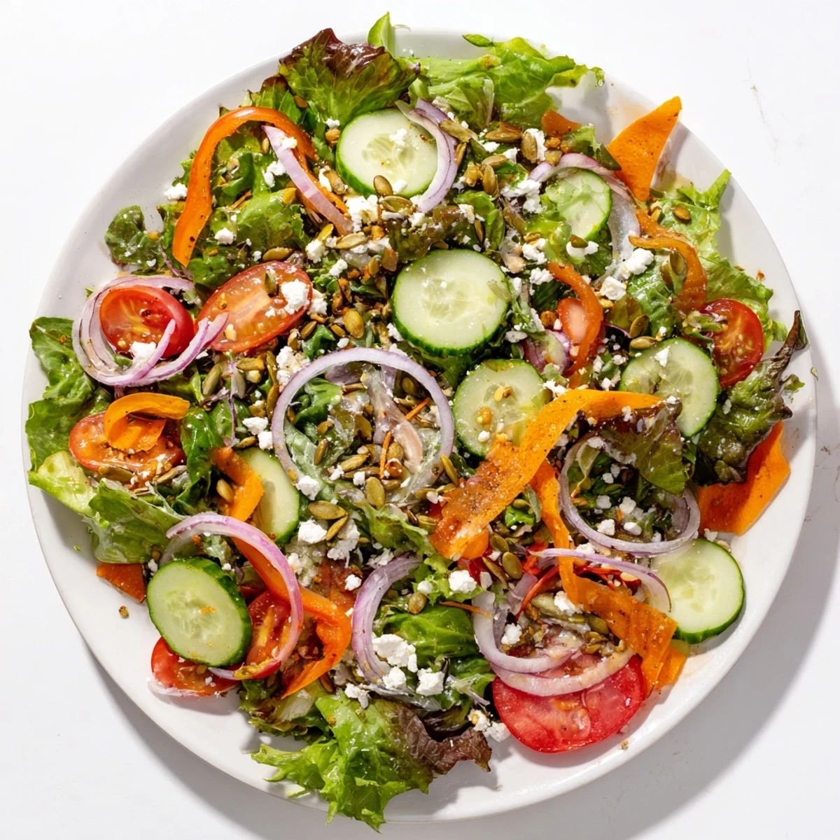 Colorful garden salad bowl with crisp mixed greens, cherry tomatoes, cucumber, and tangy vinaigrette drizzle