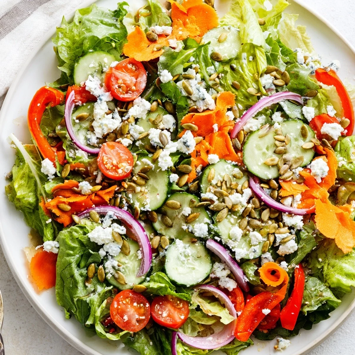 Fresh garden salad featuring seasonal vegetables tossed in light olive oil dressing and topped with crunchy seeds