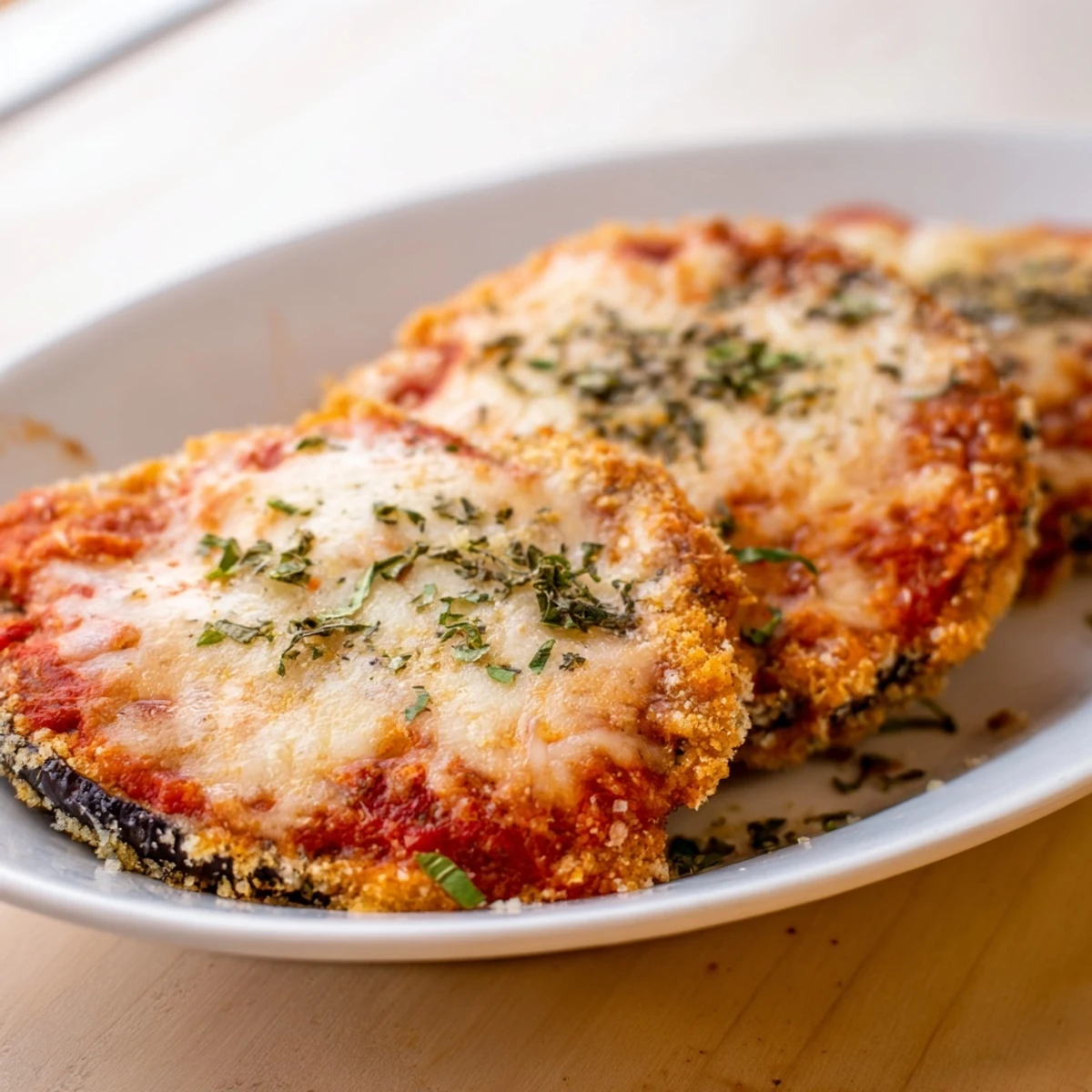 Golden baked eggplant Parmesan casserole with bubbling melted mozzarella and rich marinara sauce layers