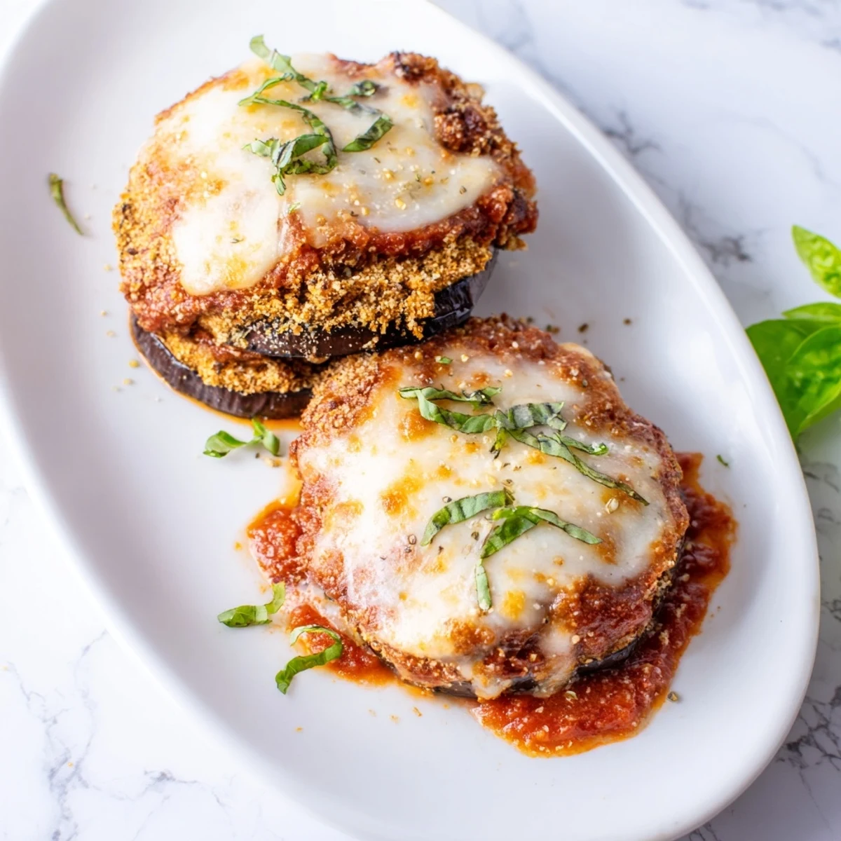 Crispy breaded eggplant Parmesan topped with freshly grated Parmesan and fragrant basil garnish
