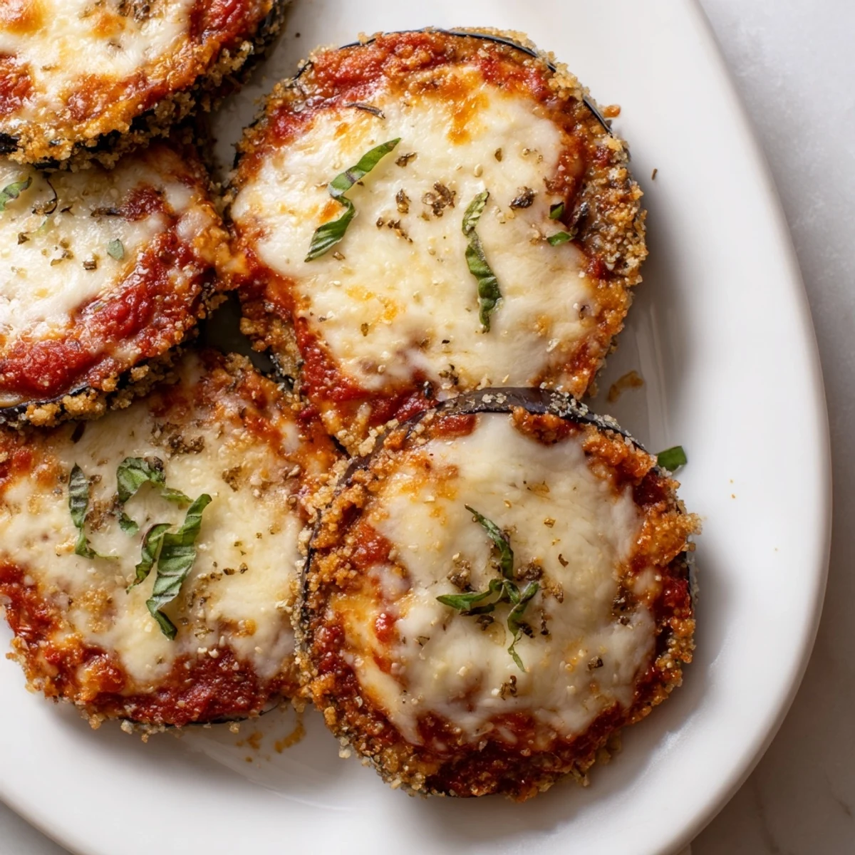 Hearty Italian-American eggplant Parmesan dish featuring tender eggplant slices beneath gooey cheese and sauce