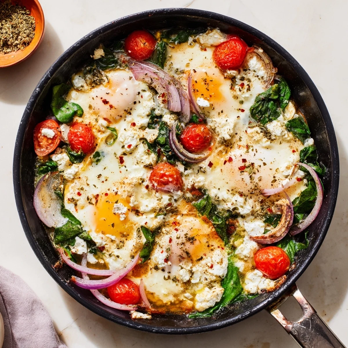 Golden baked feta eggs with juicy cherry tomatoes and fresh spinach in a skillet