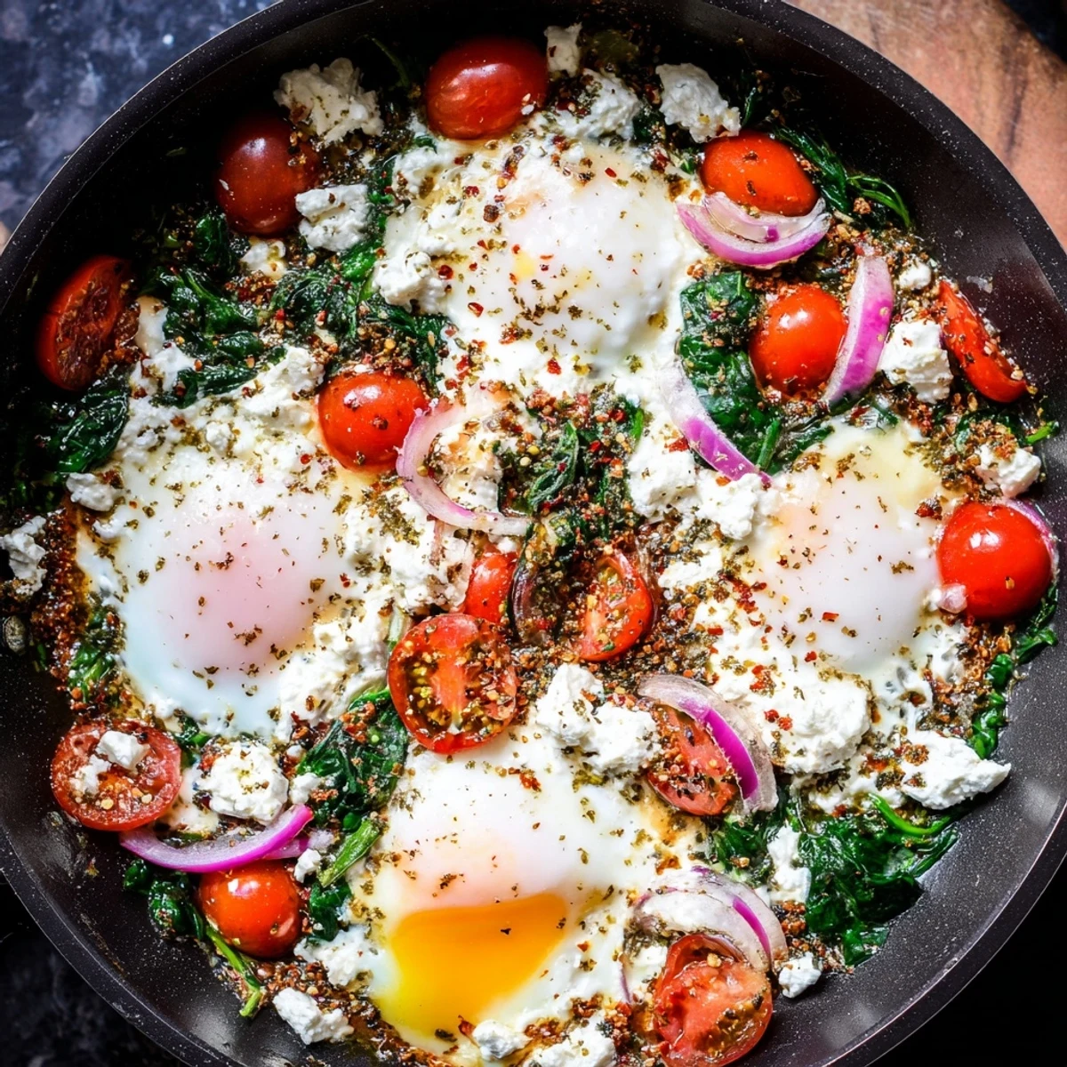 Creamy Mediterranean baked feta eggs featuring tender spinach and roasted tomatoes for breakfast