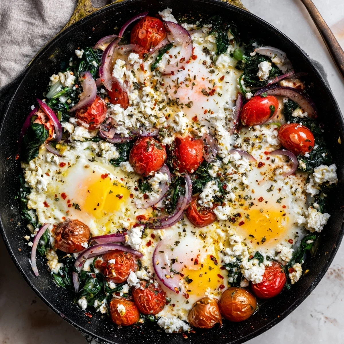 Oven-baked skillet with feta eggs, wilted spinach, and sweet cherry tomato halves
