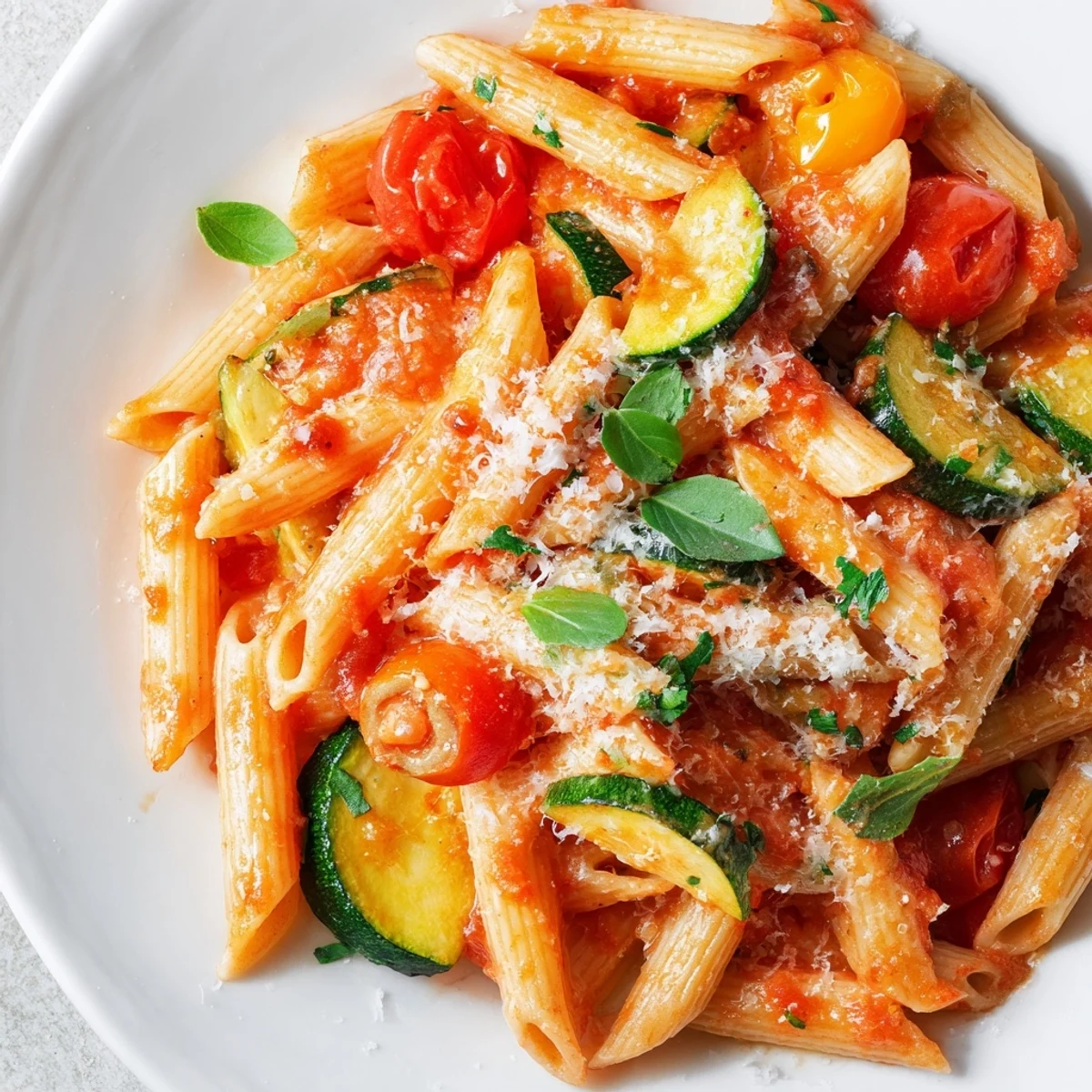 Fresh tomato zucchini pasta tossed with zucchini slices, cherry tomatoes, and parmesan cheese in a white bowl