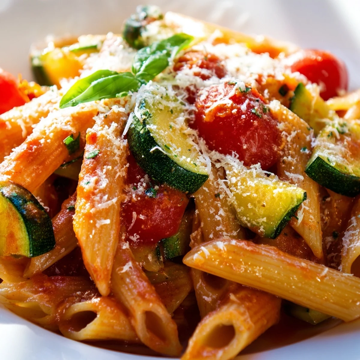 Steaming plate of tomato zucchini pasta with al dente noodles, colorful tomatoes, and grated parmesan ready to serve