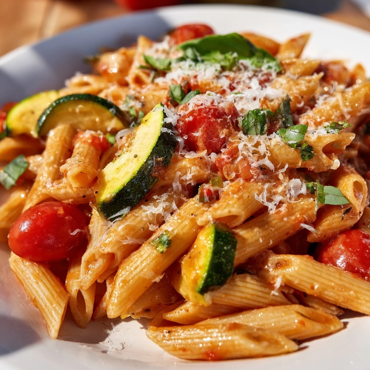 Vibrant tomato zucchini pasta dish featuring tender vegetables and herbs garnished with fresh basil on a rustic table