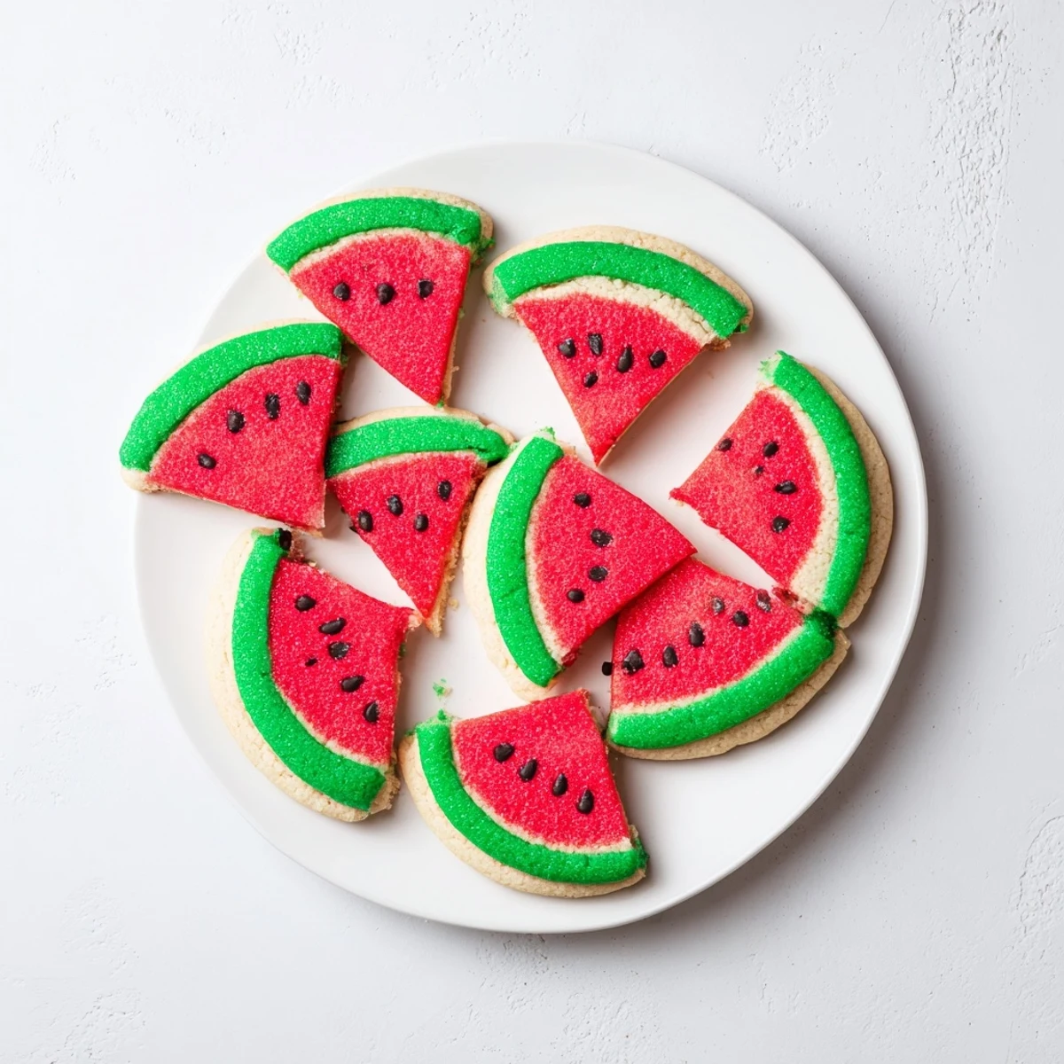 Watermelon slice cookies arranged on a white platter with red centers and green rinds