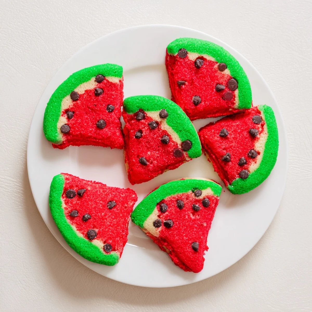 Freshly baked watermelon slice cookies with chocolate seeds cooling on a wire rack