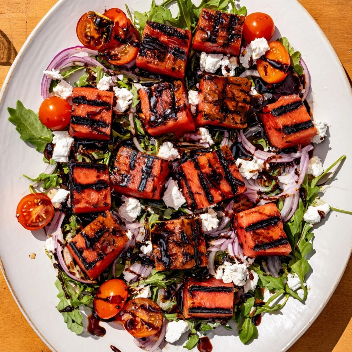 Colorful grilled watermelon salad bowl with feta cheese, mint, and balsamic glaze drizzled over arugula