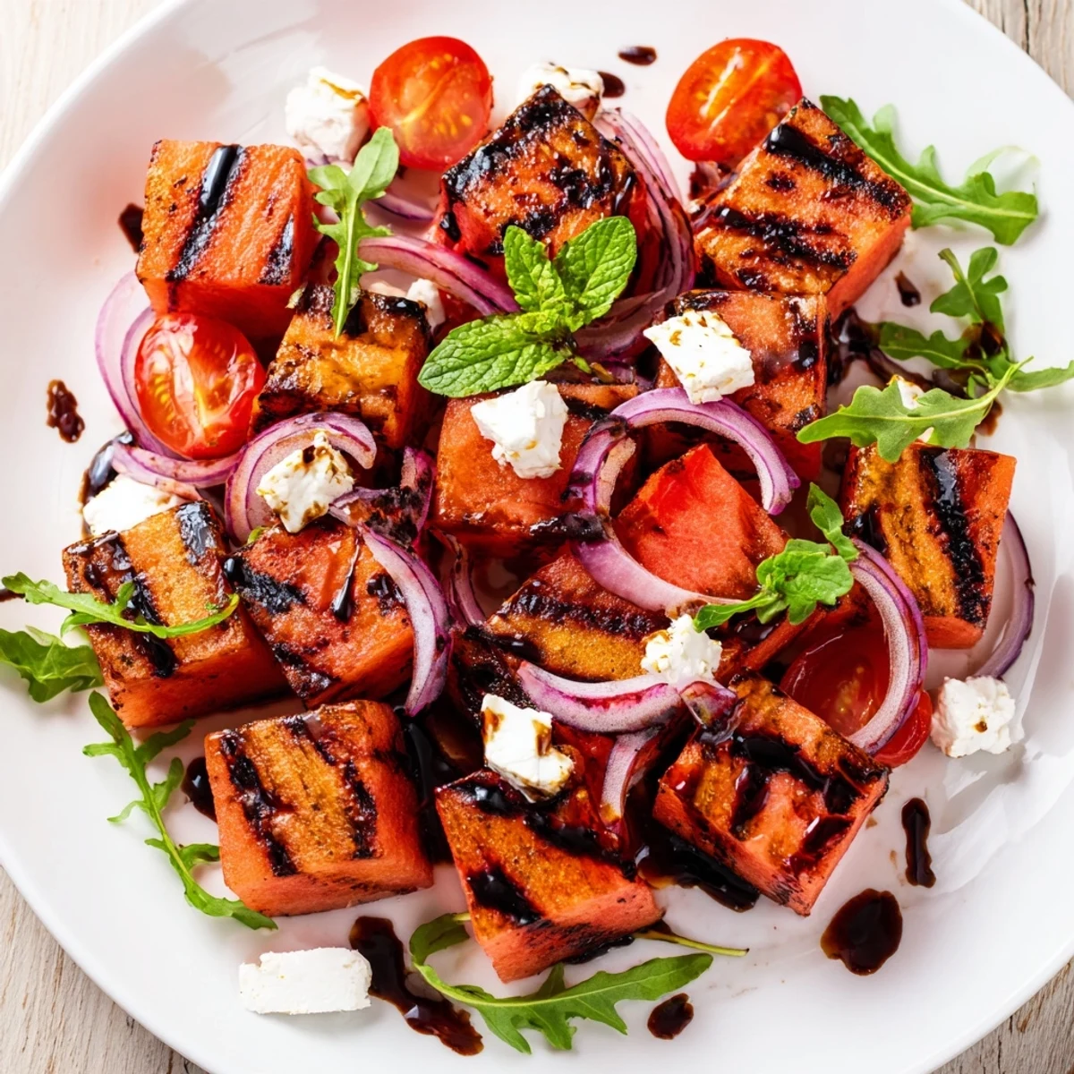Vibrant bowl of smoky grilled watermelon salad with cherry tomatoes, red onion, and tangy balsamic dressing