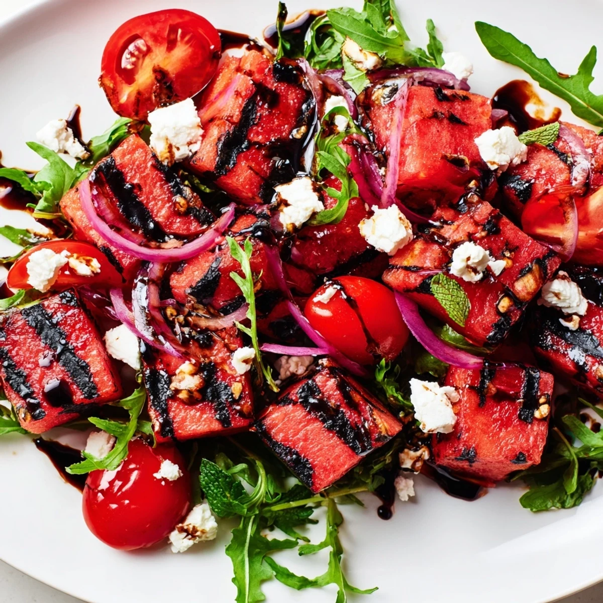 Summer salad featuring charred watermelon triangles topped with creamy feta and fresh mint on a white plate