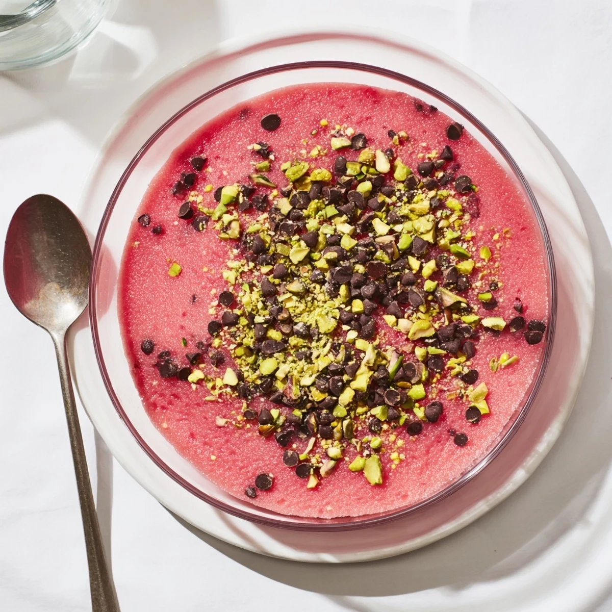 Traditional Gelo di Melone watermelon dessert topped with pistachios and dried rose petals for summer