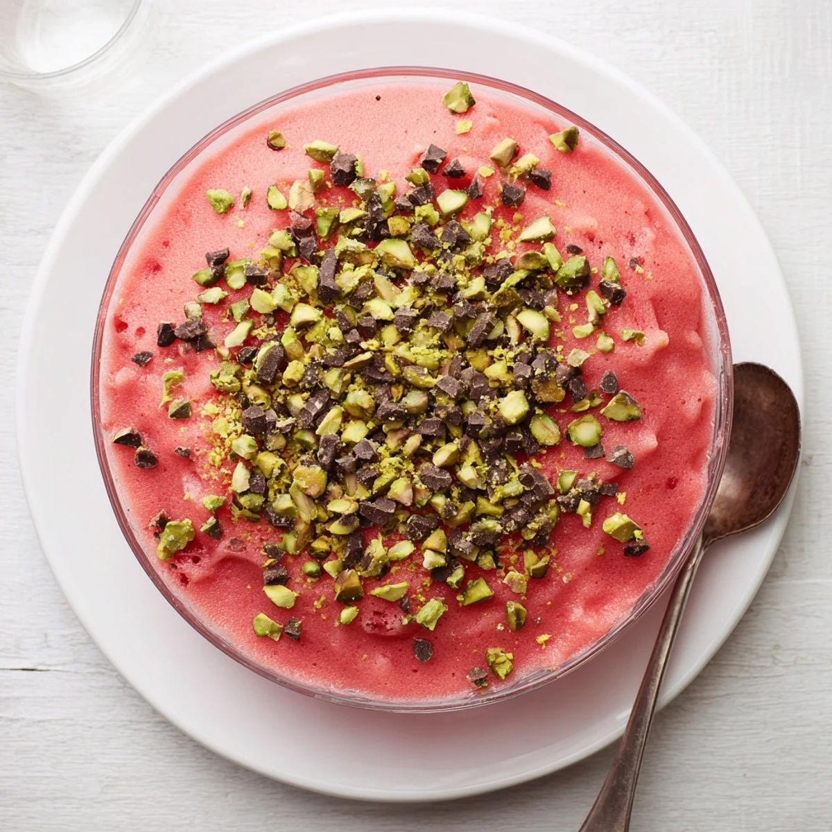 Sicilian watermelon pudding garnished with chopped pistachios and chocolate chips in clear glass serving cups