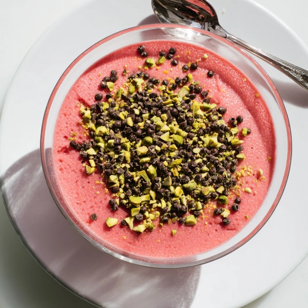 Light and refreshing Sicilian watermelon pudding chilled in individual glasses with nutty pistachio garnish
