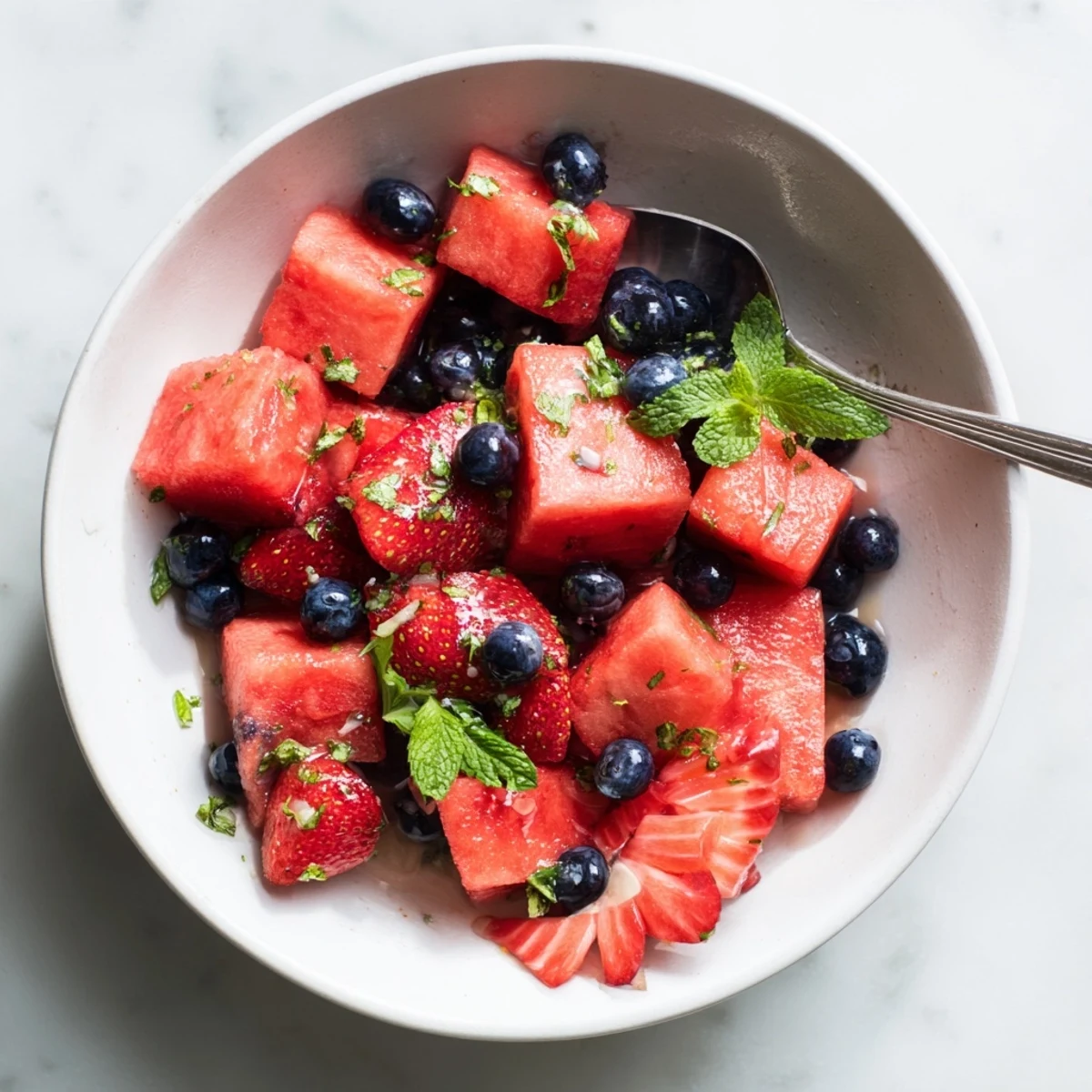 Refreshing watermelon fruit salad bowl with strawberries, blueberries, and bright green mint garnish