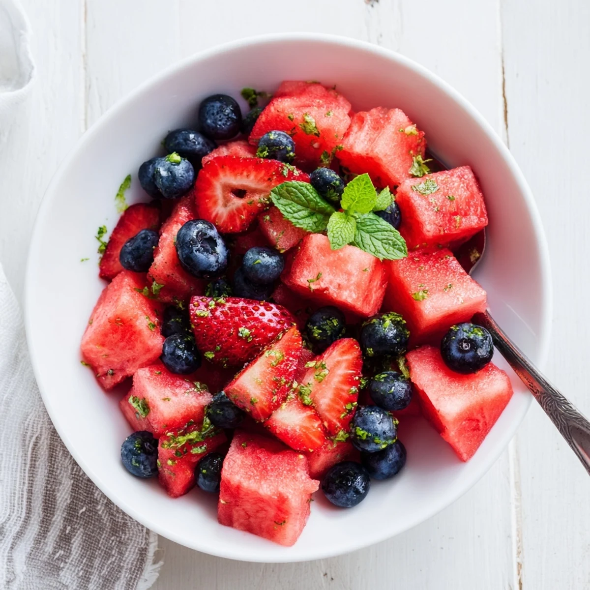 Summer watermelon delight drizzled with citrus lime dressing and topped with fresh chopped mint