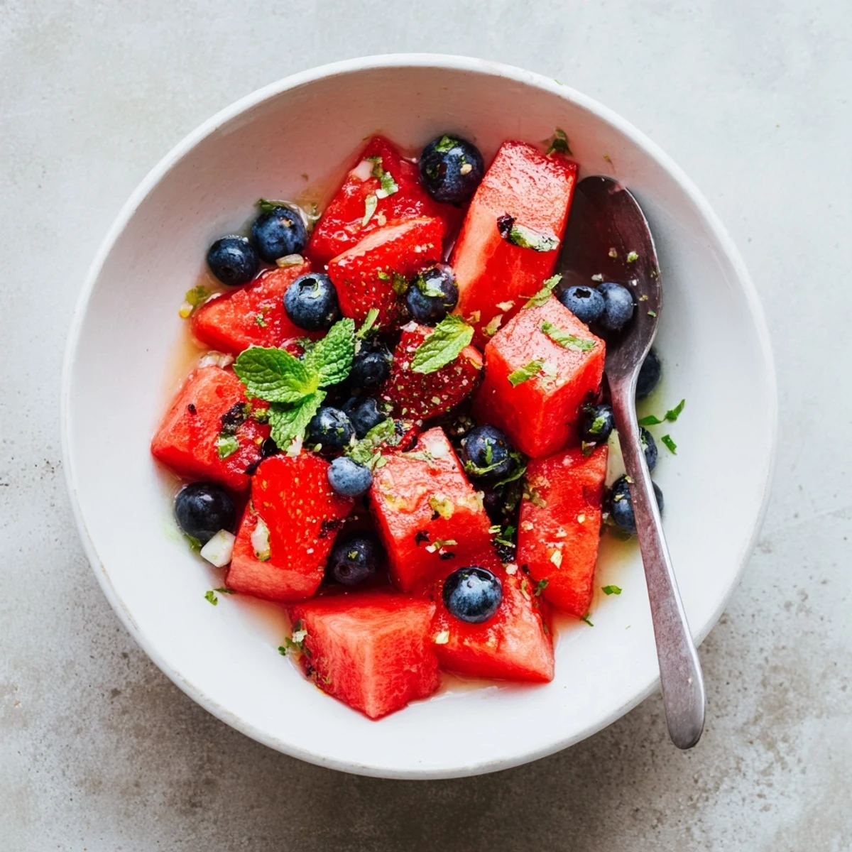 Colorful watermelon dessert bowl featuring mixed berries, lime zest, and fragrant mint leaves on ice