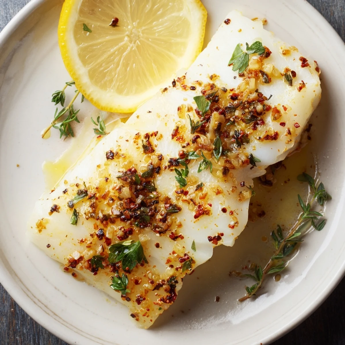 Golden baked cod fillets topped with fresh lemon slices and green herbs on a white ceramic plate