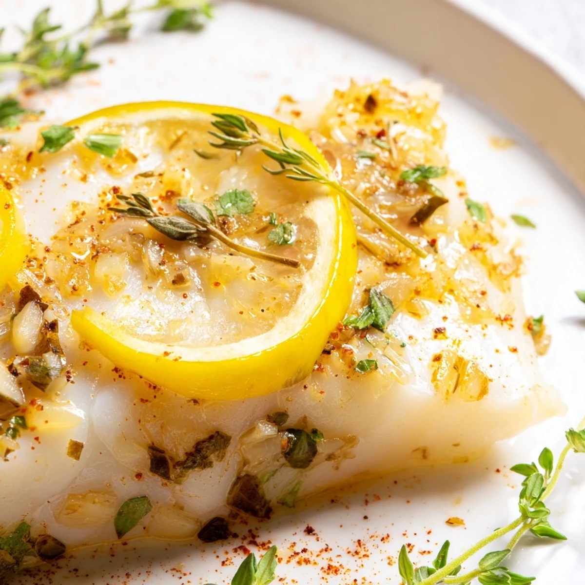 Flaky tender baked cod with garlic lemon butter sauce and parsley garnish served warm for dinner