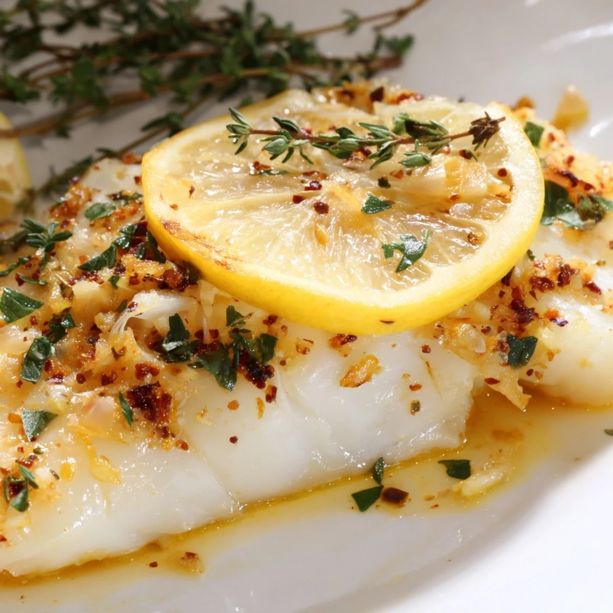 Perfectly baked white cod fillets seasoned with herbs and lemon resting on a parchment-lined baking sheet