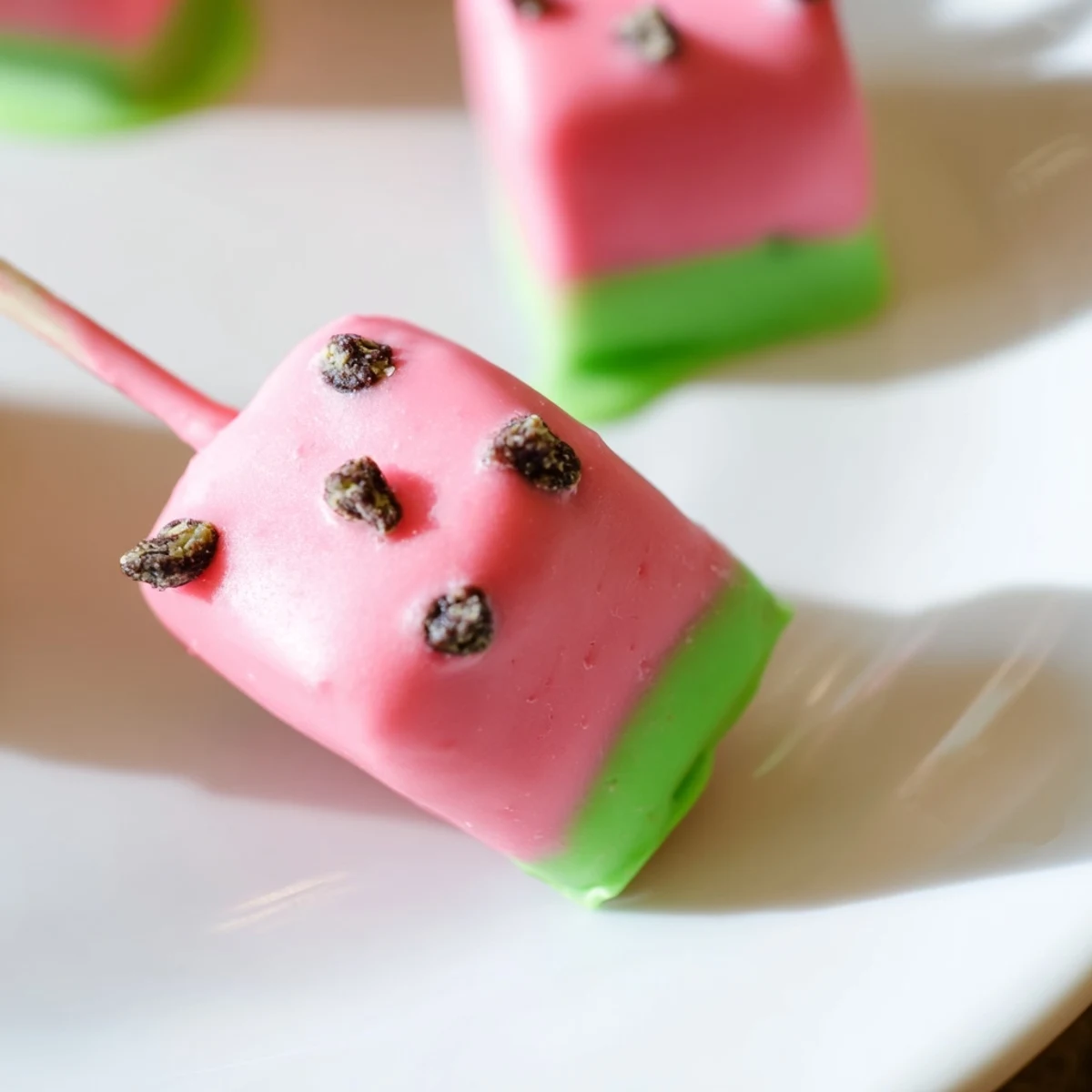Fresh watermelon cake pops displayed on serving stand for summer party dessert