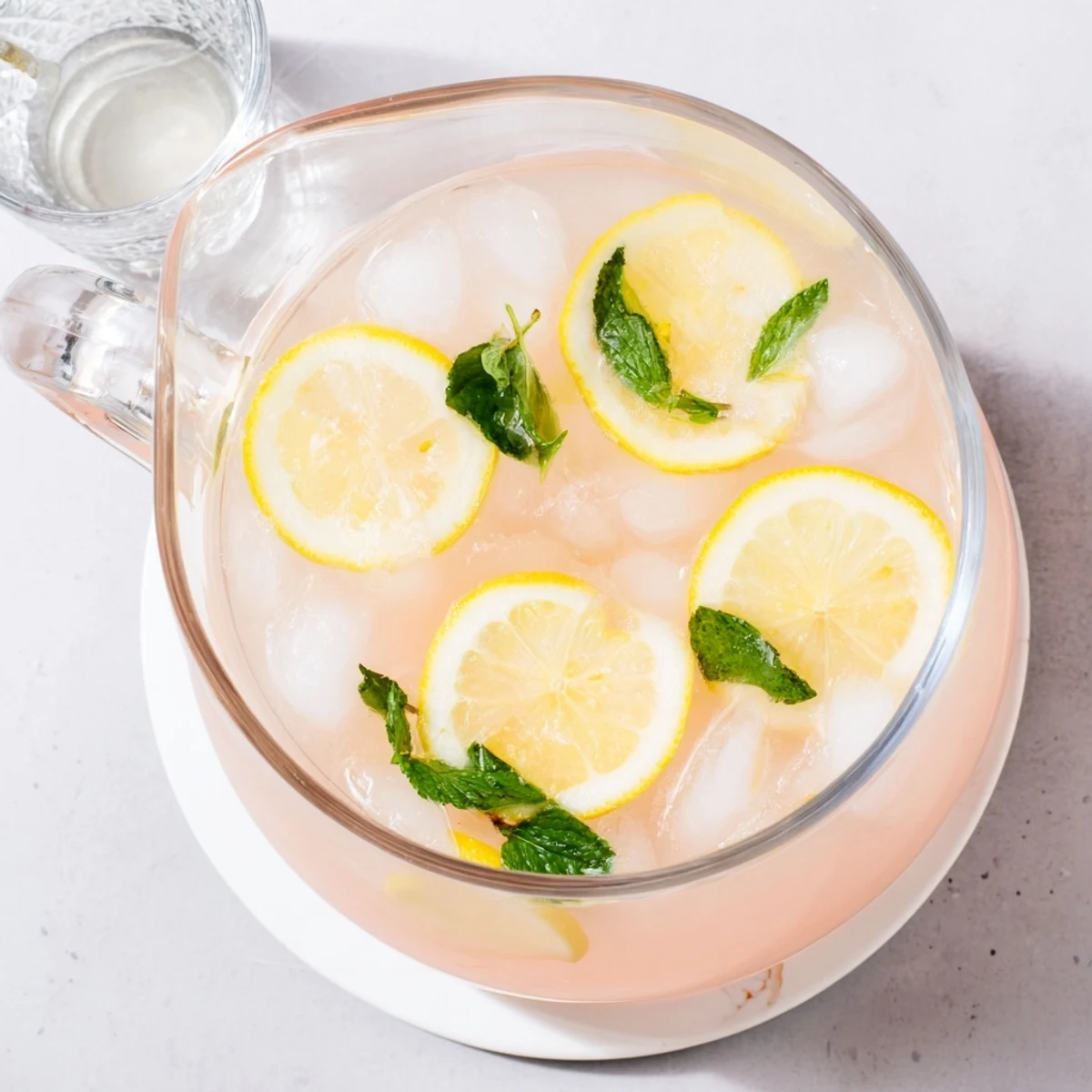 Garnished watermelon lemonade in a clear glass pitcher with fresh mint sprigs and floating lemon slices
