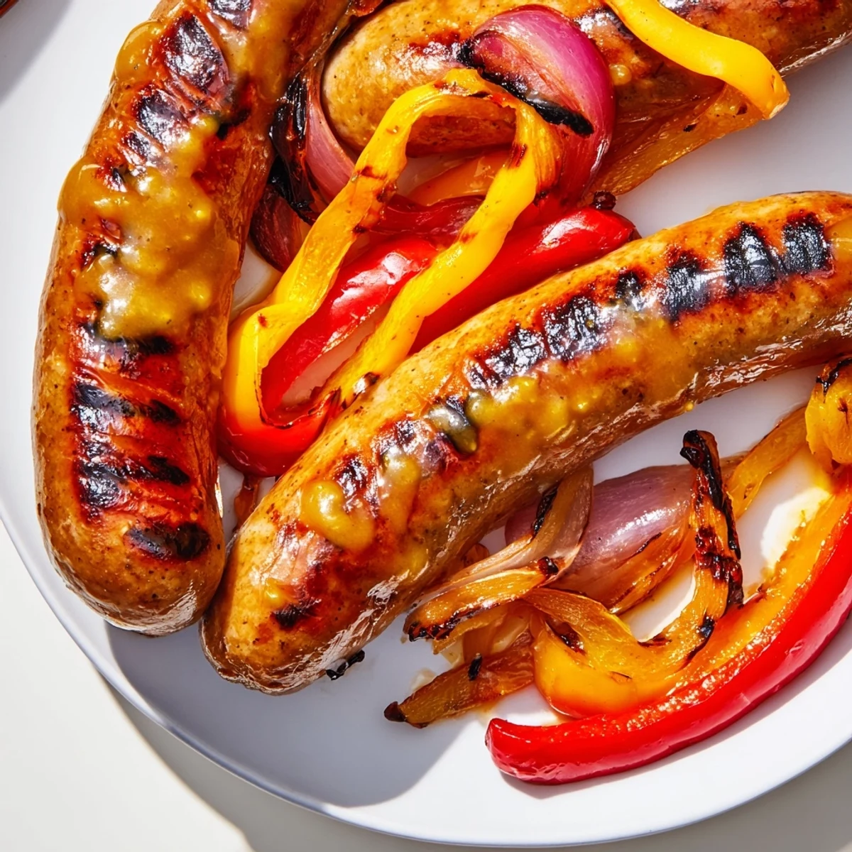 Golden grilled BBQ beef sausage with caramelized peppers and tangy mustard honey glaze