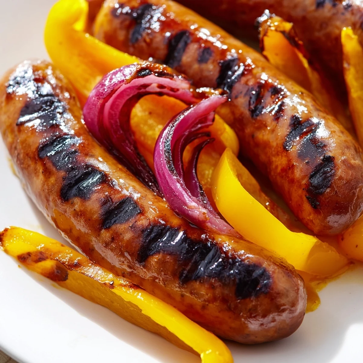 Sizzling beef sausage on the grill with colorful sweet peppers and onions, finished with a sticky mustard BBQ glaze