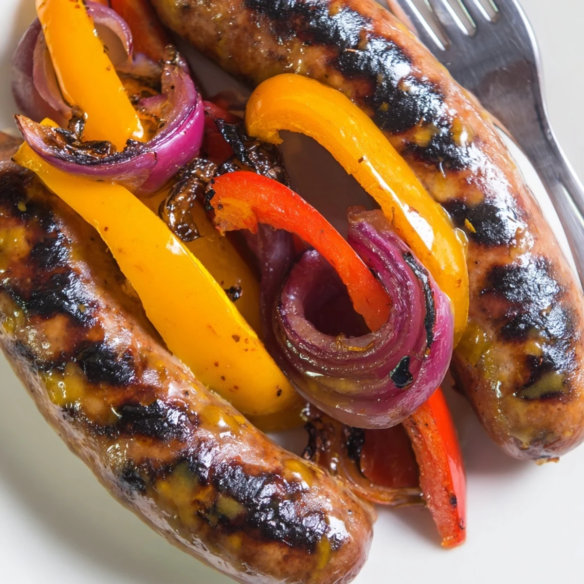 Plate of juicy grilled beef sausage served alongside charred bell peppers and red onions coated in mustard glaze