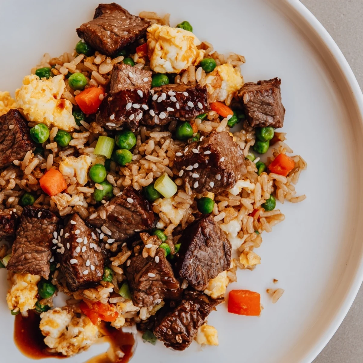 Sizzling Blackstone hibachi steak fried rice with tender beef cubes, colorful vegetables, and fluffy scrambled eggs