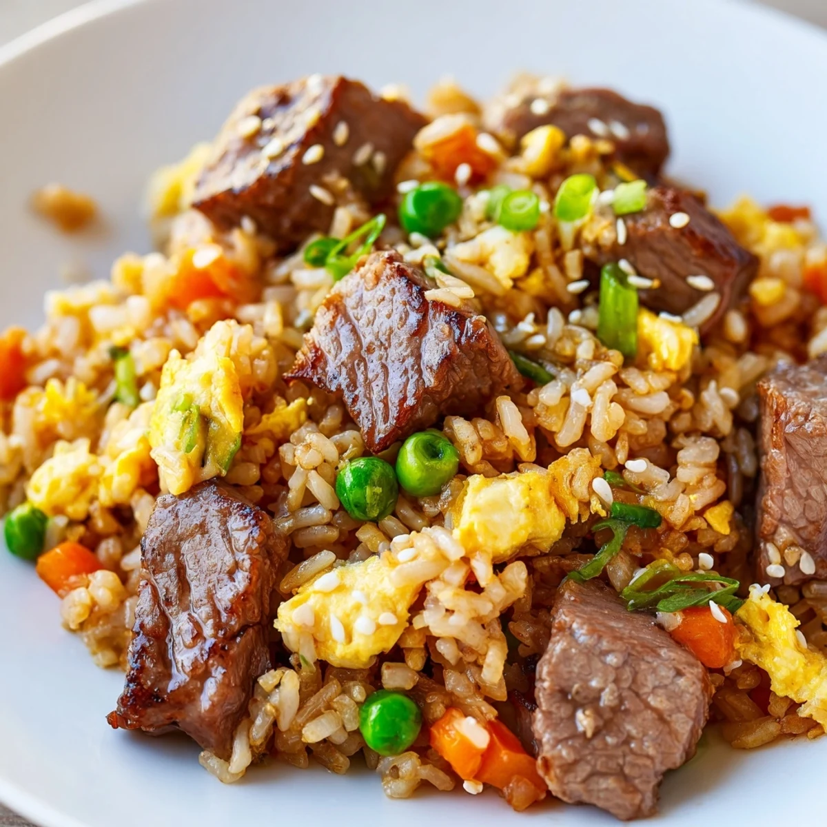 Golden fried rice topped with marinated steak, crisp peas, carrots, and savory soy butter on the griddle