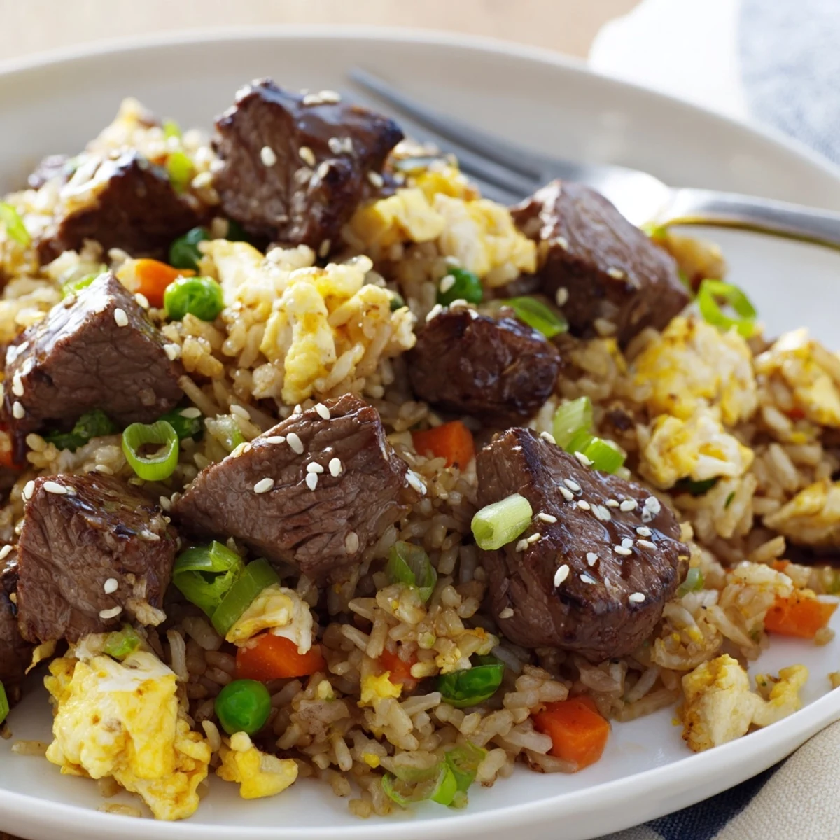 Steamy hibachi-style fried rice featuring seared steak, scrambled eggs, and fresh green onions sprinkled with sesame seeds