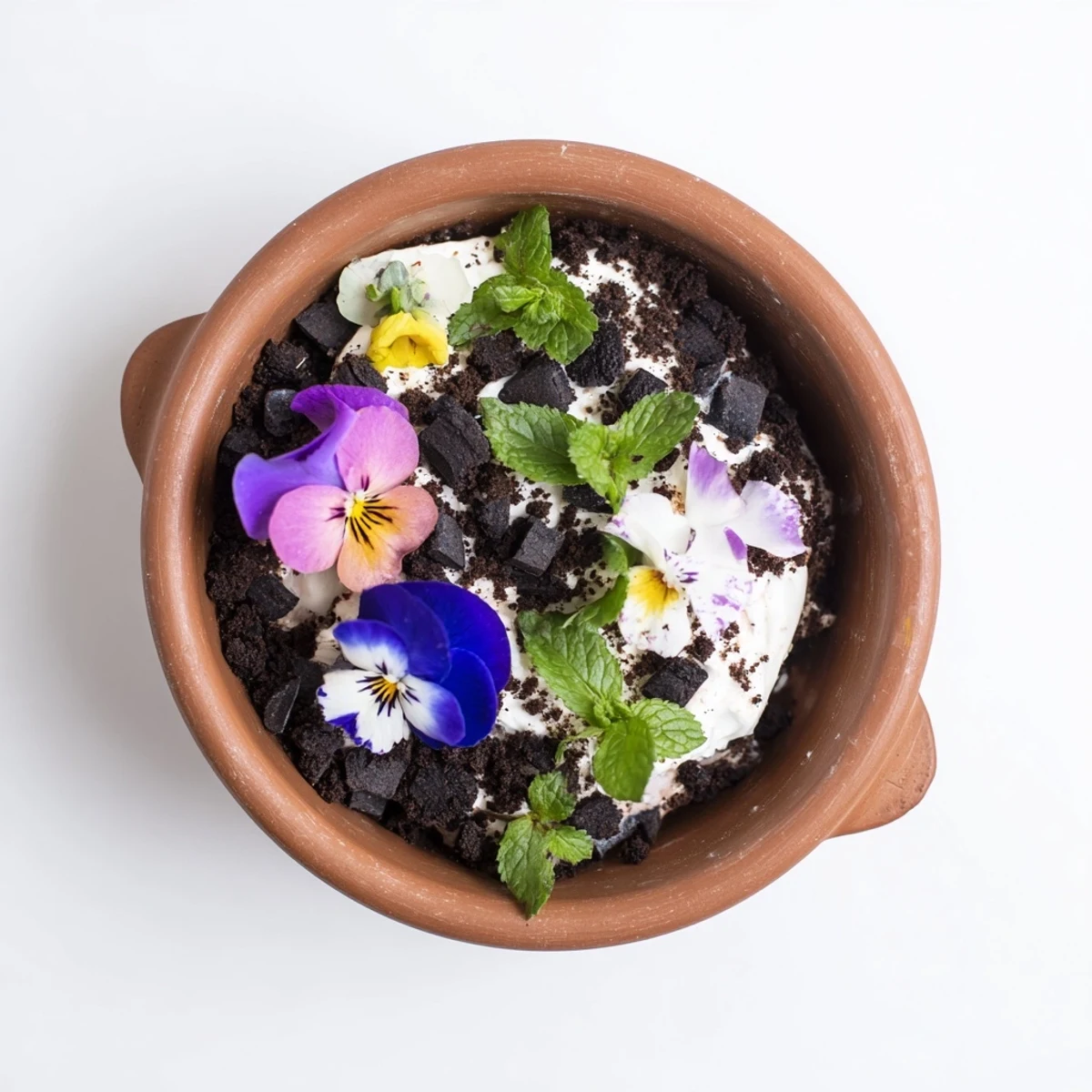 Chocolate edible potted floral garden topped with colorful blooms and fresh mint sprigs
