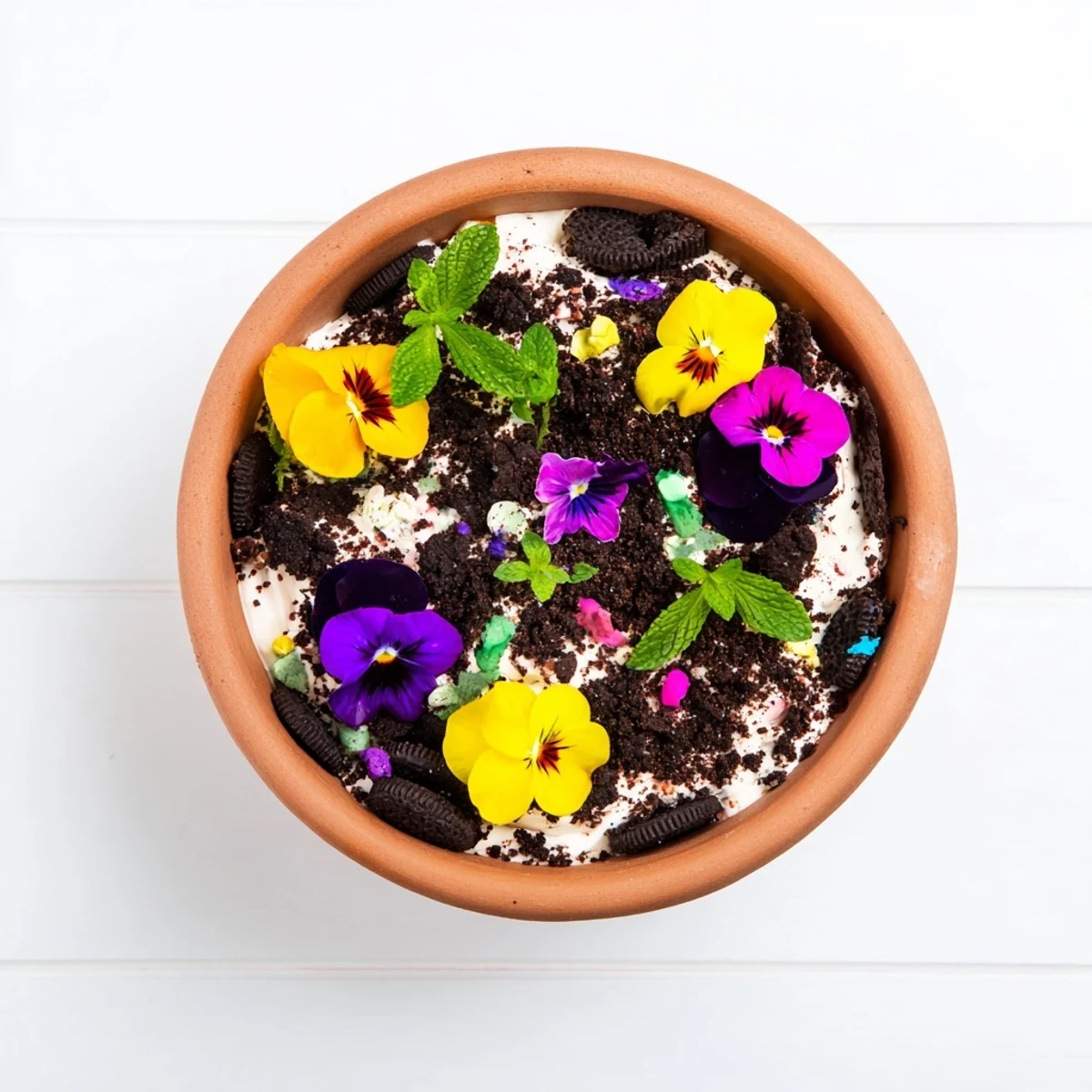Mini flower pot serving edible potted floral garden dessert with edible pansies and herbs