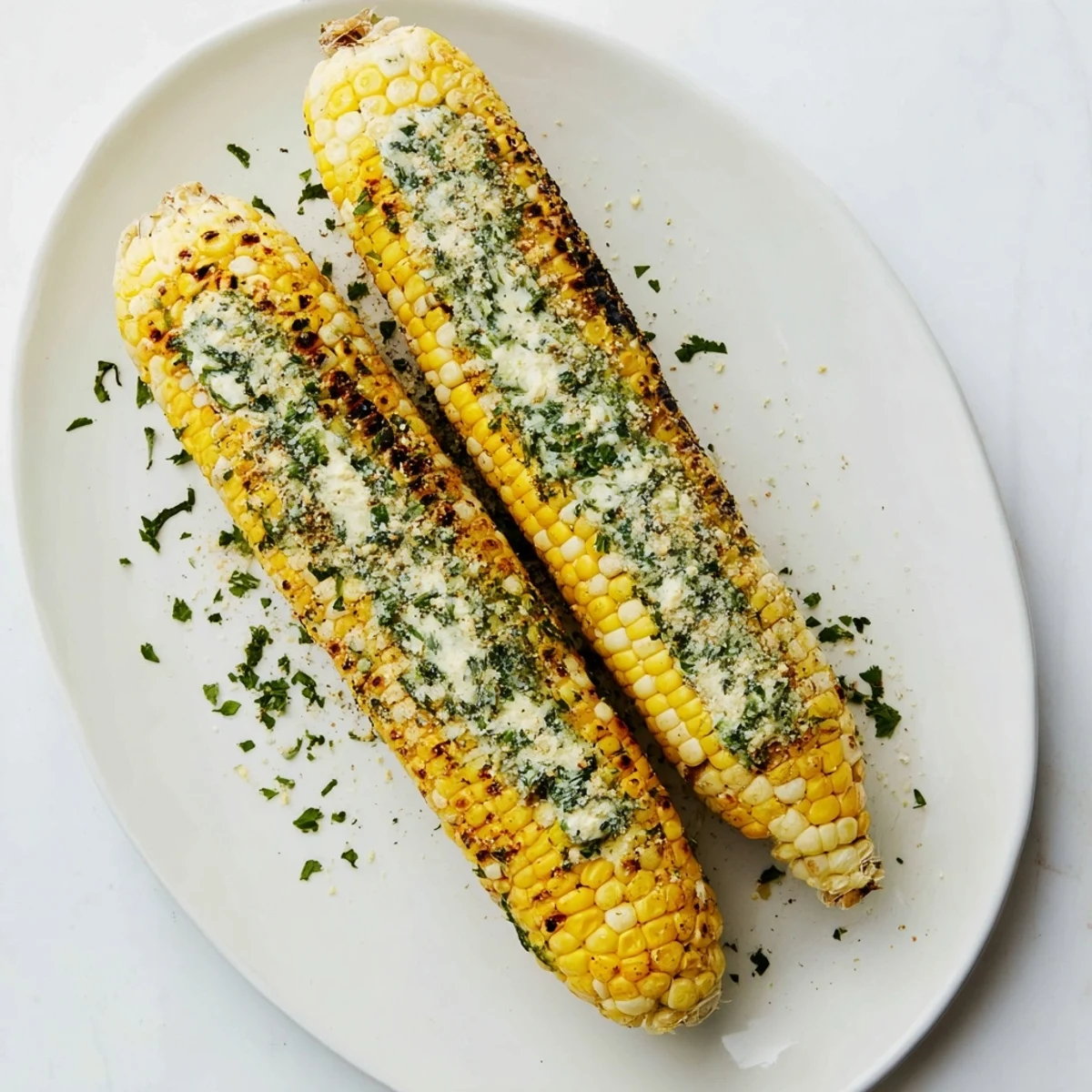 Golden corn ears grilled and topped with savory parmesan ranch herbs and butter