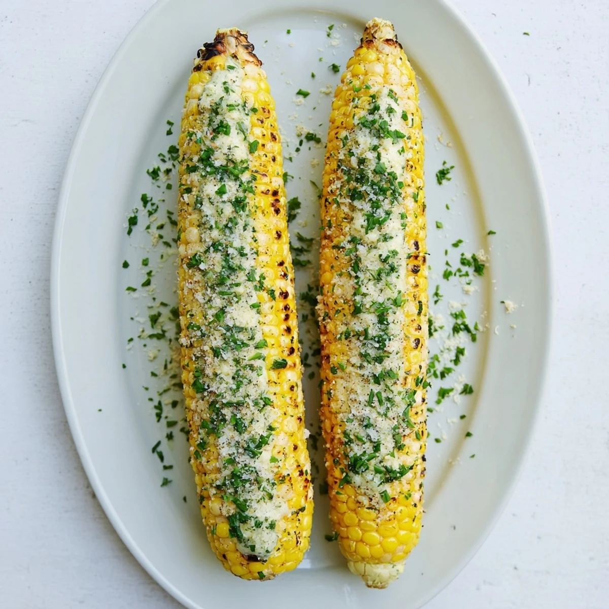Flame-grilled corn on the cob coated with zesty parmesan ranch herb mixture