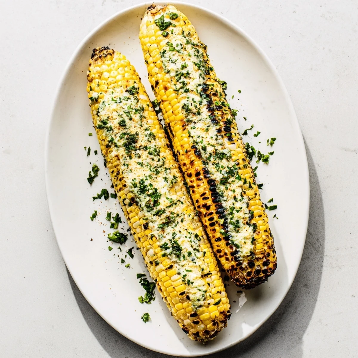 Charred sweet corn brushed with herb butter and sprinkled with ranch parmesan coating