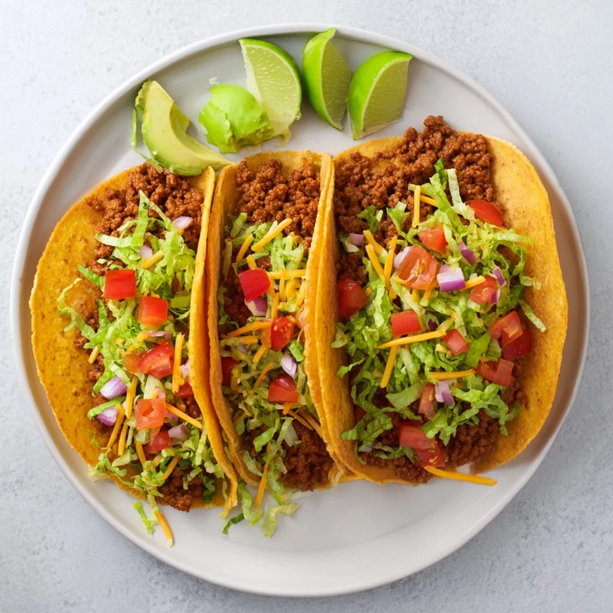 Golden corn tortillas stuffed with juicy seasoned ground beef tacos topped with fresh pico de gallo