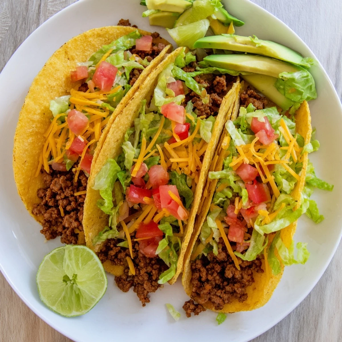 Platter of delicious ground beef tacos with homemade seasoning served alongside zesty pico de gallo and lime wedges