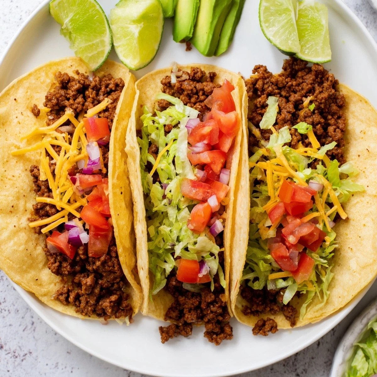 Homemade seasoning ground beef tacos overflowing with vibrant pico de gallo, shredded lettuce, melted cheese, and sliced avocado