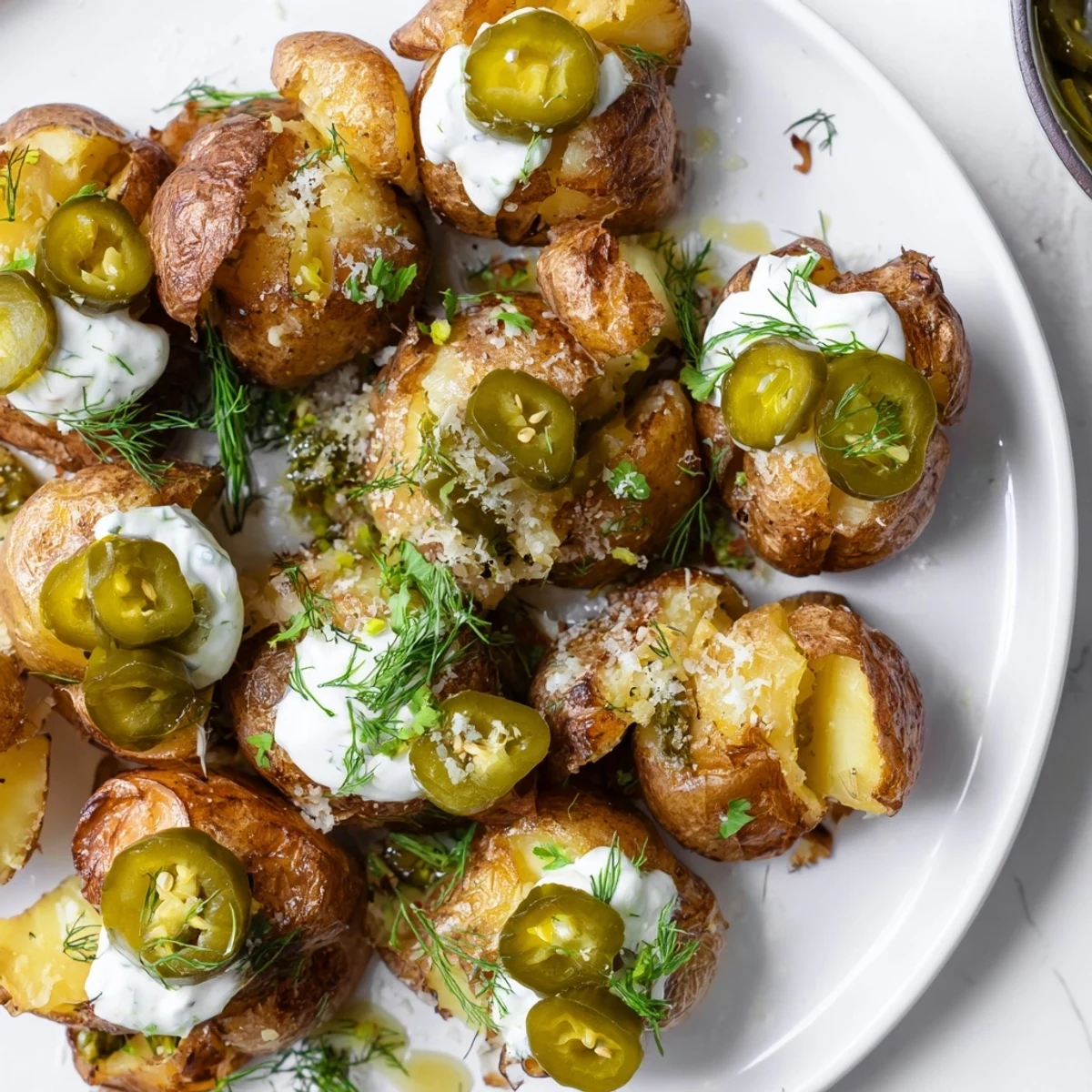 Golden smashed baby potatoes topped with creamy dill pickle ranch and fresh chopped herbs