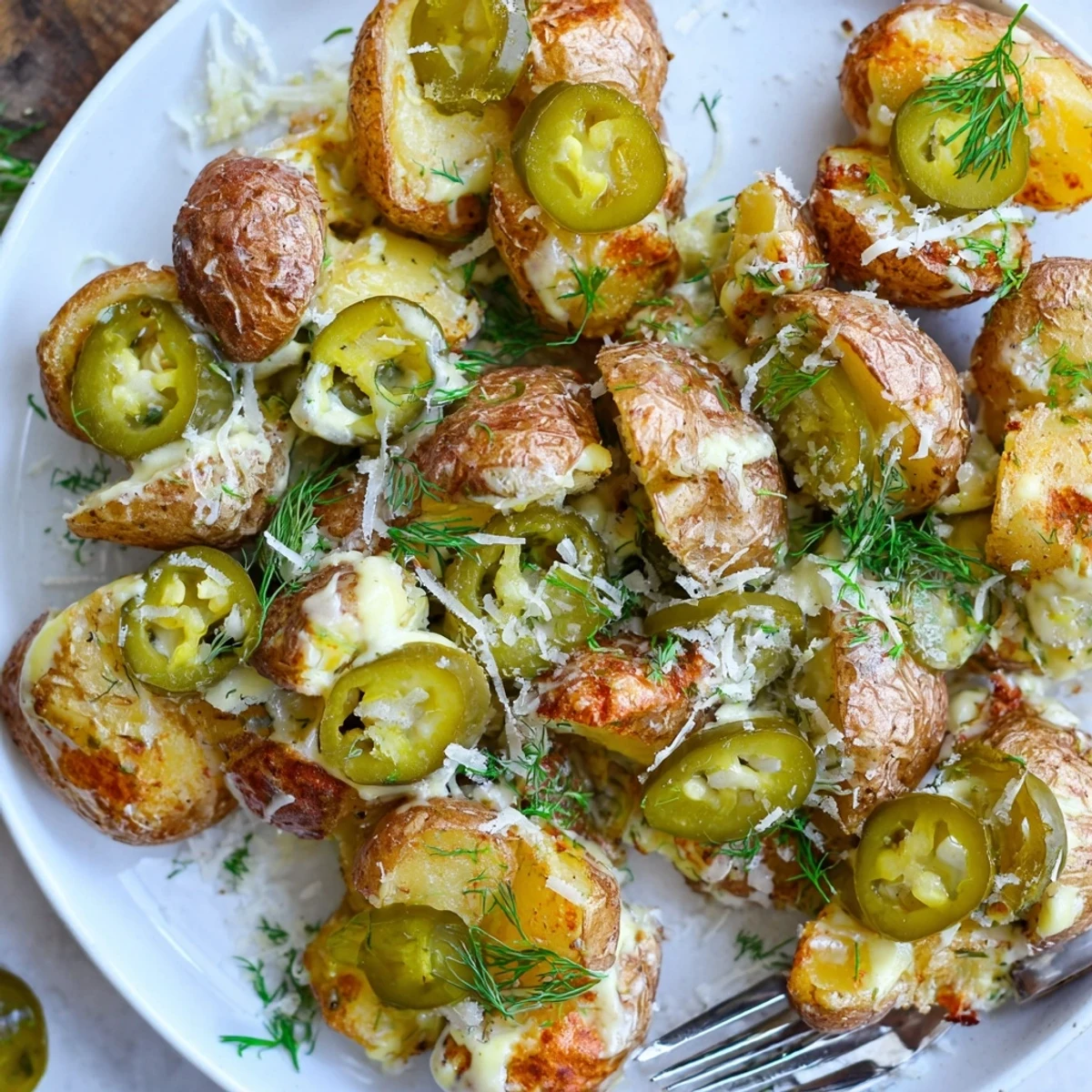 Crispy oven-baked dill pickle ranch smash appetizer with tangy pickles and savory sour cream sauce