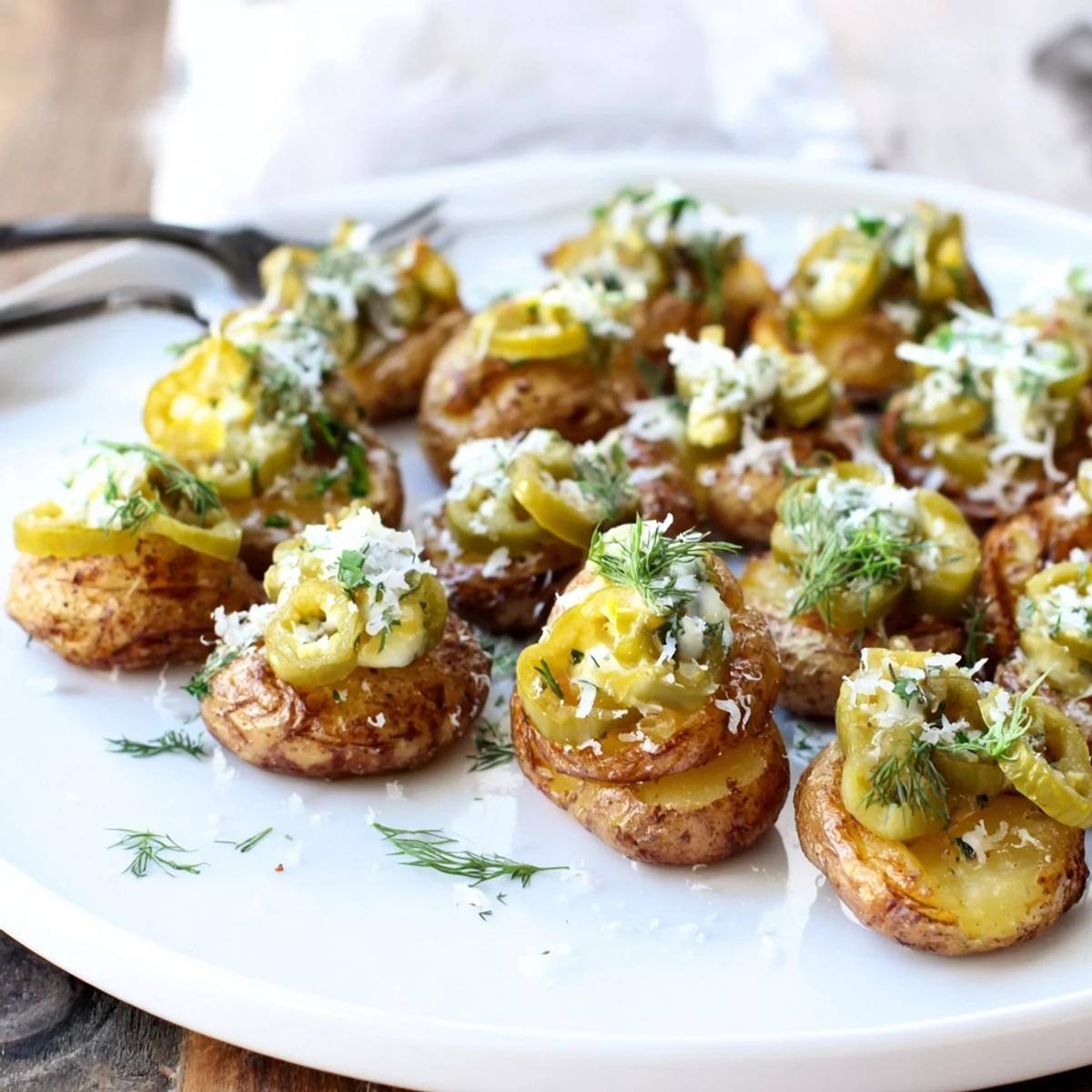 Vegetarian party snack featuring smashed potatoes drizzled with homemade ranch and crunchy dill pickle topping