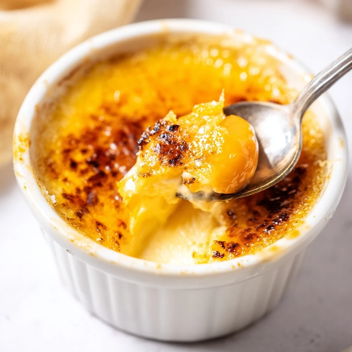 Golden caramelized crackled sugar topping sits atop a velvety Japanese sweet potato crème brûlée custard in a white ramekin