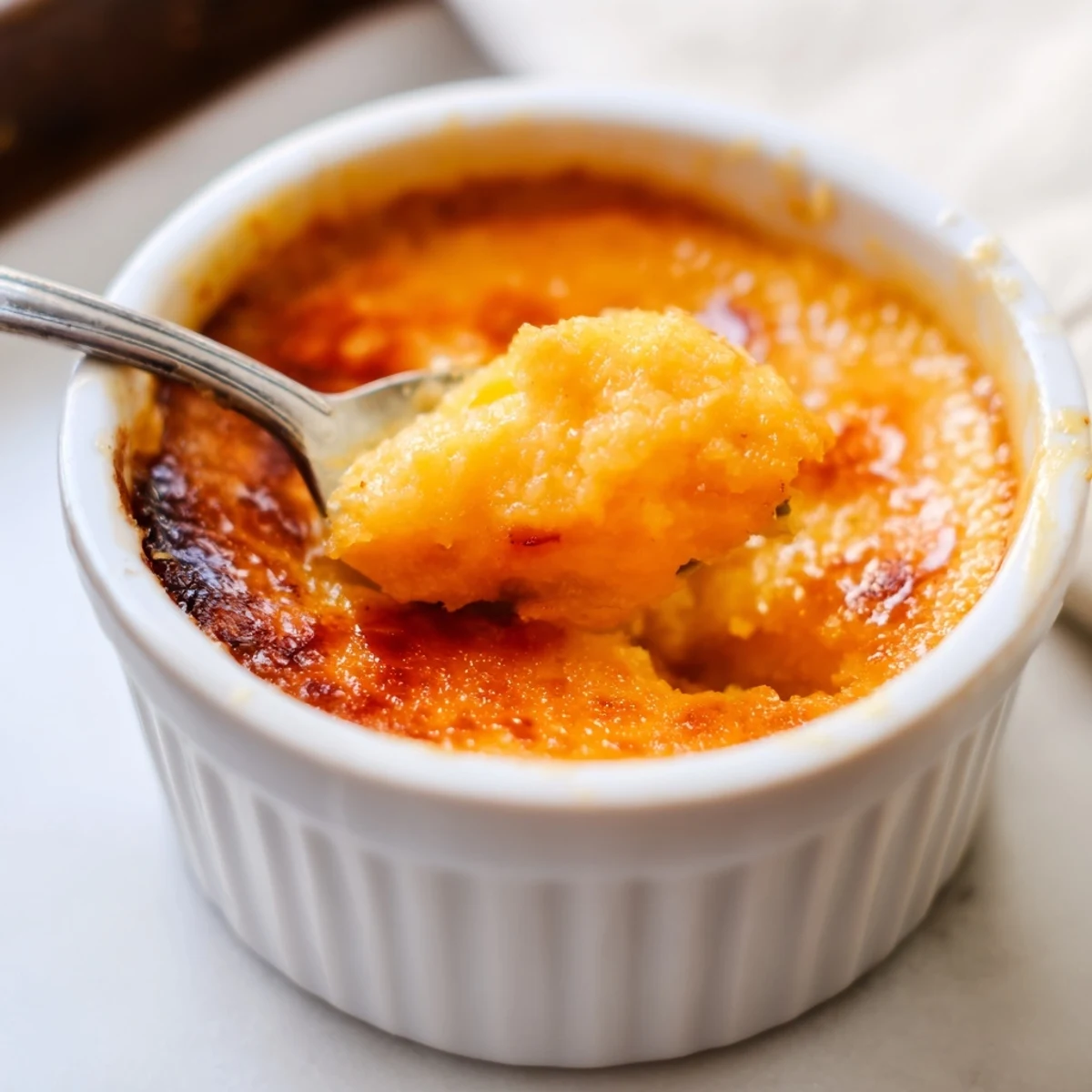 Creamy Japanese sweet potato crème brûlée dessert showcasing a crisp amber brûléed top against the smooth rich custard base