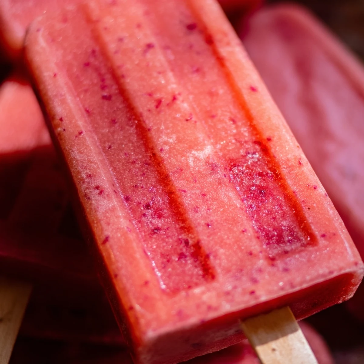 Fresh strawberry watermelon popsicles displayed in molds with vibrant red pink frozen fruit swirls