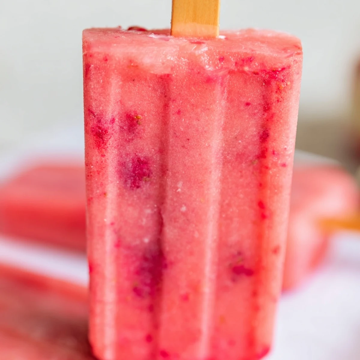 Homemade strawberry watermelon popsicles on wooden board featuring lime garnish and summer sunlight