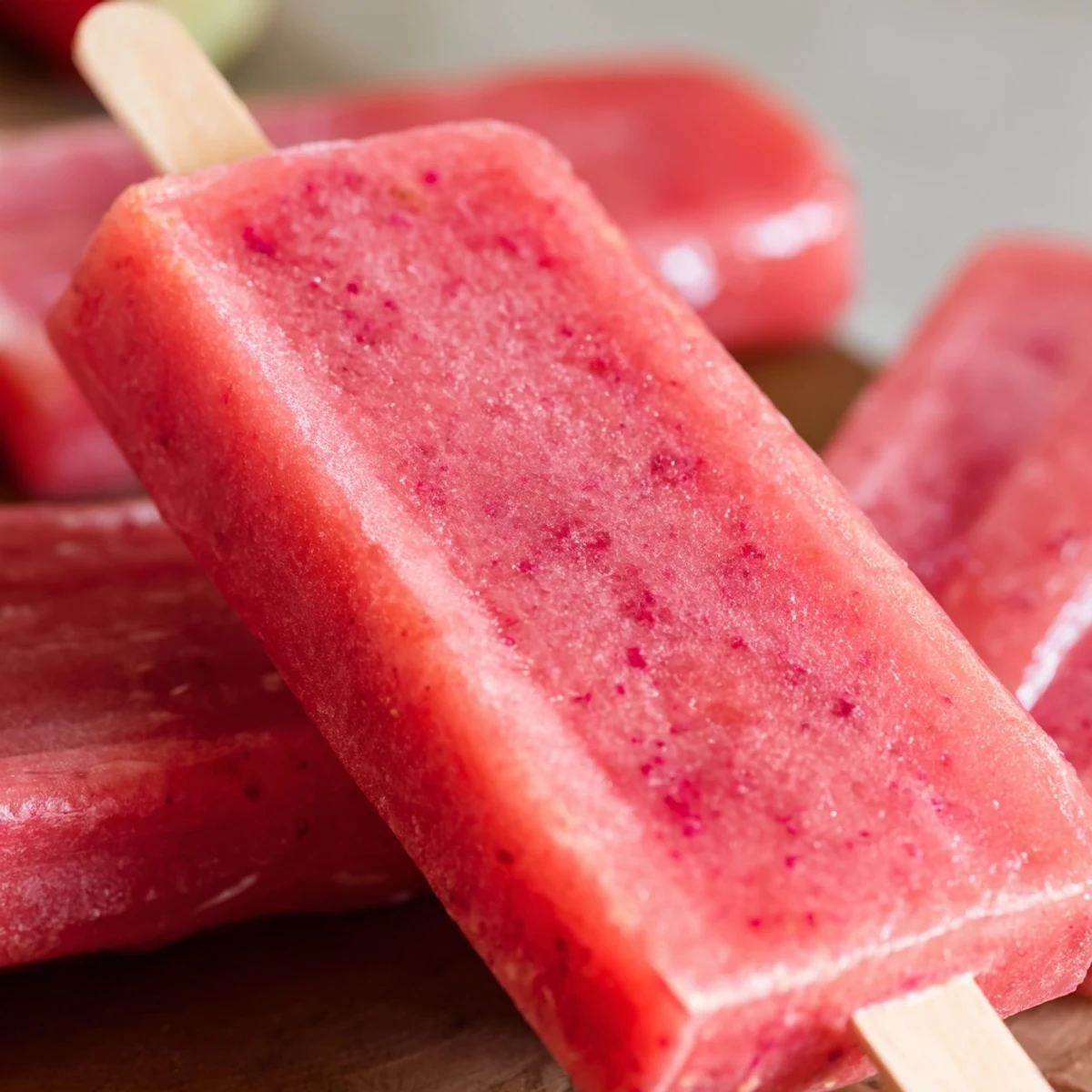 Stack of naturally sweet strawberry watermelon popsicles ready for healthy summer dessert serving