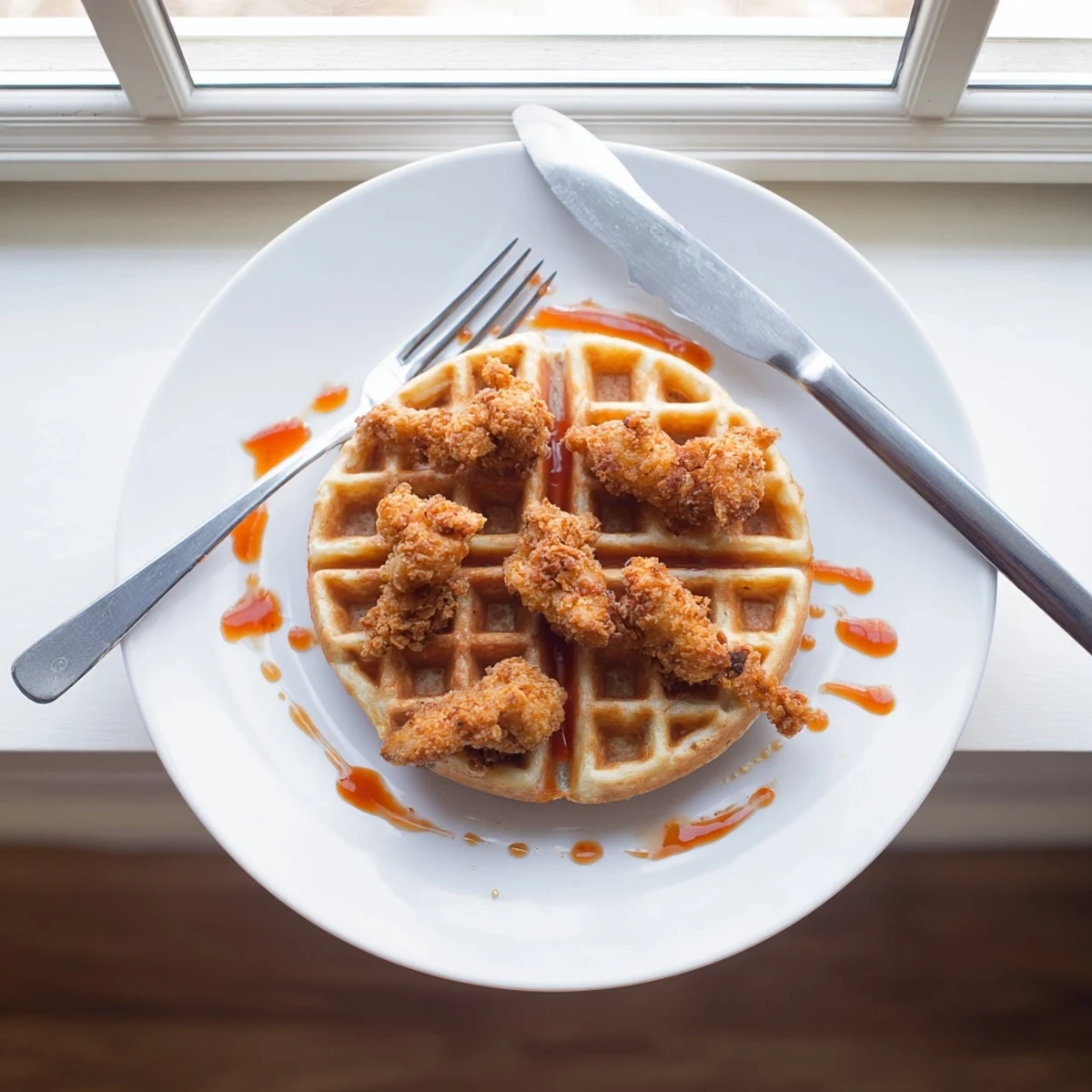 Golden crispy vegan fried chicken perched atop fluffy homemade waffles drizzled with spicy maple syrup